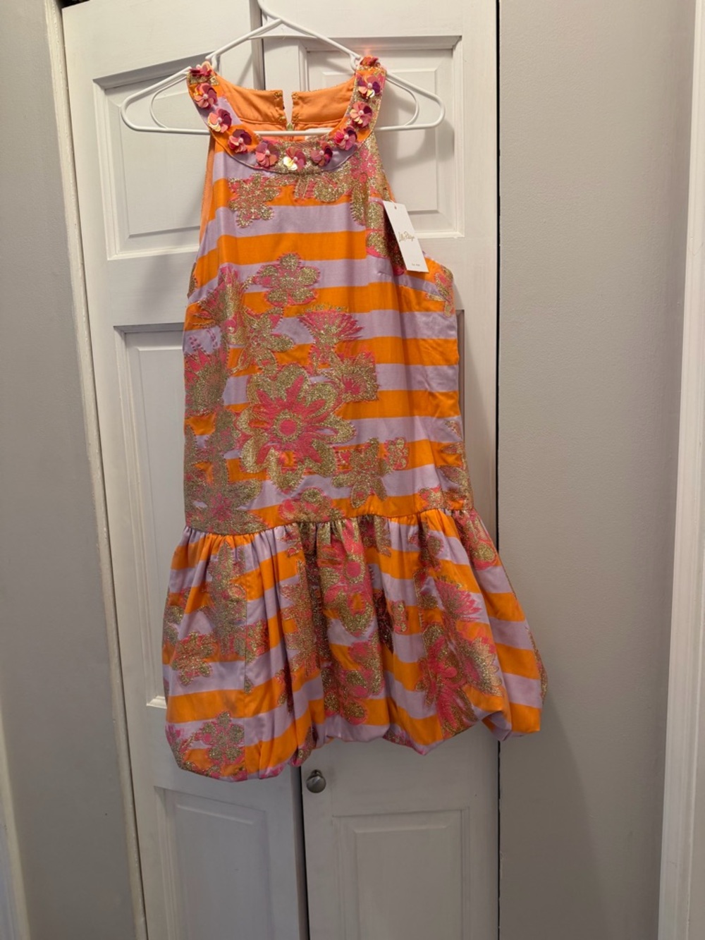 NWT LILLY PULITZER ASHLYNN DRESS SIZE 8 PAPAYA METALLIC FLORAL STRIPE JACQUARD